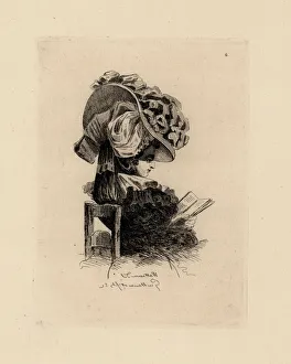 Woman reading a book wearing a giant bonnet, era of Woman reading a book wearing a giant bonnet, era of