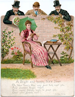 Woman reading on a reversible New Year card Woman reading on a reversible New Year card