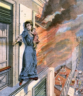 Woman saving child by walking narrow ledge Woman saving child by walking narrow ledge