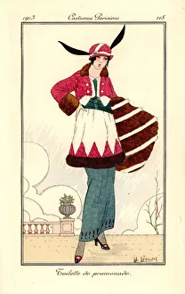 Woman in walking outfit of fur-trimmed jacket, tunic Woman in walking outfit of fur-trimmed jacket, tunic