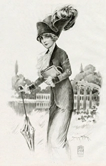 Woman wearing smart suit with jabot ruffles 1912 Woman wearing smart suit with jabot ruffles 1912