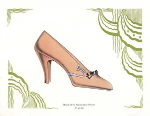 Woman's shoe design in salmon pink leather with buckle, 1930 Woman's shoe design in salmon pink leather with buckle, 1930
