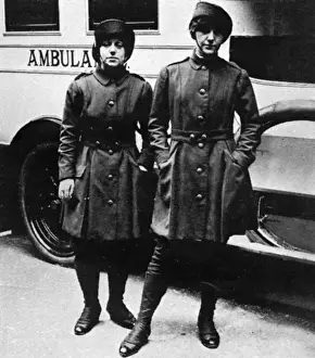 Prints of Women acting as attendants and drivers at the new London County Council Ambulance station in Bloomsbury, wearing a special uniform adapted to the special needs of their employment when on duty Ambulance Prints: WW1 Women Ambulance Attendants and Drivers Print, 1916