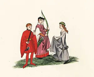 Women in hunting dresses, with bow and hunting Women in hunting dresses, with bow and hunting