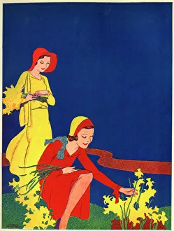 Women picking daffodils in Art Deco style Women picking daffodils in Art Deco style
