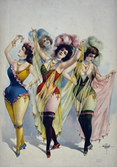 Women wearing brief costumes, holding veils, with feathers i Women wearing brief costumes, holding veils, with feathers i
