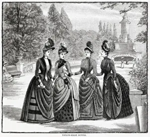 Three women wearing the latest tailor-made outdoor wear frocks Date: 1886 Three women wearing the latest tailor-made outdoor wear frocks Date: 1886