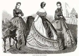 Three women wearing the new style of dresses. Date: October 1864 Three women wearing the new style of dresses. Date: October 1864