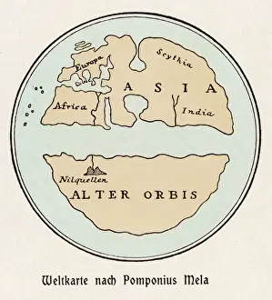 Prints of A world map according to Pomponius Mela, showing Europe, Africa, Asia, and the rest in the lower half Related Prints: Pomponius Mela World Map Print
