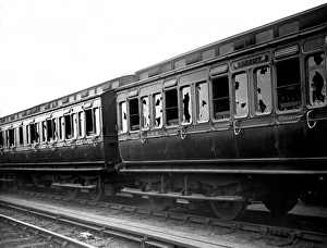 Wrecked train, Llanelli railway strike riots, Wales Wrecked train, Llanelli railway strike riots, Wales