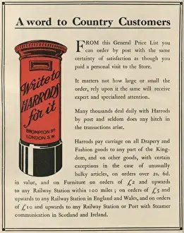 Early 20th Century Shopping Experience Prints: Write to Harrods for it, 1909