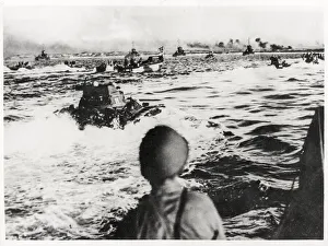 WW II amphibious tanks approach Aguni Jima Pacific WW II amphibious tanks approach Aguni Jima Pacific