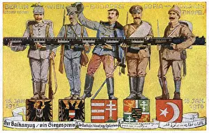Prints of WW1 - A propaganda postcard depicting The Central Powers unified holding the Balkan Express - symbolising the Victories in defeating (and capturing). Serbia in January 1916 and 18th January 1916 Serbia Prints: WW1 Central Powers Unified Holding Balkan Express Print 1916
