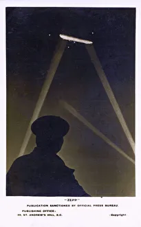 WW1 - Zeppelin over the UK illuminated by searchlights WW1 - Zeppelin over the UK illuminated by searchlights