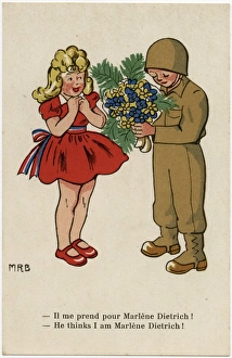 WW2 - American GI presents a French girl with flowers WW2 - American GI presents a French girl with flowers