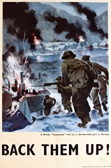Prints of WW2 poster, Back Them Up! Showing a British commando raid on a German-held port in Norway. Date: 1940s Norway Prints: WW2 Commando Raid Print, Back Them Up