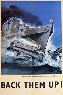WW2 Print: British Cruiser Ramming Italian Submarine