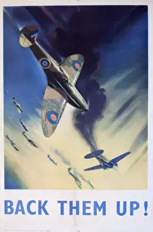 Prints of WW2 poster by Frank Wootton, Back Them Up! showing RAF Supermarine Spitfires in action. Date: 1940s Frank Wootton Prints: WW2 RAF Spitfires Print: Back Them Up