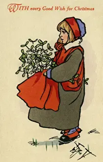 Early 20th Century Christmas Art Prints: Young boy with mistletoe
