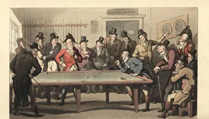 Young English gentlemen playing a game of billiards Young English gentlemen playing a game of billiards