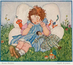Young girl asleep surrounded by her toys by Irene Probst Young girl asleep surrounded by her toys by Irene Probst