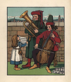 Young girl holding up a musical score for two Young girl holding up a musical score for two