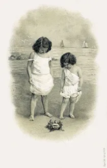 Two young girls on the sea shore encounter a crab Date: 1905 Two young girls on the sea shore encounter a crab Date: 1905