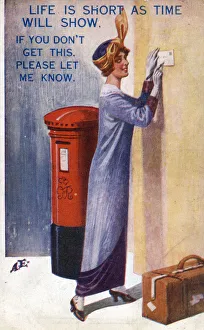 Young lady (off on her hols!) sends a quick postcard Young lady (off on her hols!) sends a quick postcard