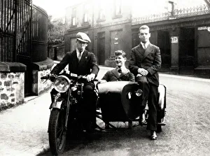 Three young men on veteran BSA motorcycle Three young men on veteran BSA motorcycle