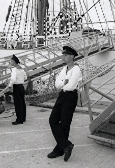 Two young Russian sailors on the deck of a ship Two young Russian sailors on the deck of a ship