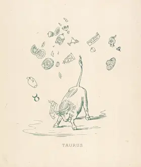 Prints of portrayed as a bull in a china shop (although the china shop is seemingly a combination of the British Museum and the Victoria and Albert Museum) Taurus Prints: Zodiac Print: Taurus in a Museum Setting