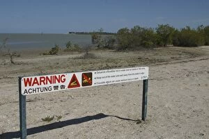 Images Dated 23rd October 2003: Crocodile warning sign Karumba Point, foreshore, Gulf of Carpentaria, Queensland, Australia