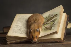 Prints of Golden Hamster under a book. Date Calomyscidae Prints: Golden Hamster Print under a Book