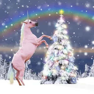 Winter Scene Christmas Tree Print with Unicorn and Star