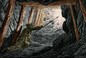 Historical Print of a Coal Mine Worker Igniting Methane Gas