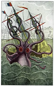 Historical Coloured Print of a Giant Squid Attacking a Ship