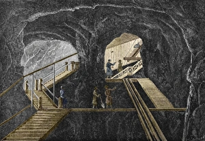 Prints of 19th-century mining. Historical artwork of miners in a graphite mine Images Dated 2006 January: Graphite Mine Print, 19th Century