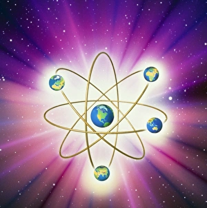 Abstract artwork of Earth arranged as an atom Abstract artwork of Earth arranged as an atom