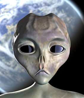 Earth Prints: Alien Figure in Front of Earth-like Planet Print