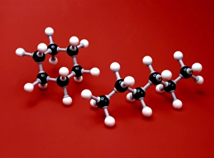 Prints of Alkane molecules. Molecular models of hexane (C6H14, right) and cyclohexane (C6H12). Carbon atoms are black and hydrogen atoms are white. Hexane is a colourless liquid that is insoluble in water Images Dated 2003 December: Molecular models of Alkane molecules Print