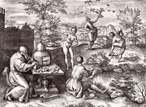 Prints of Allegory of the elements. 17th-century artwork showing an allegorical scene depicting a central nude female figure surrounded by men engaged in occupations symbolising the four Aristotelian elements Johannes Wierix Prints: Allegory of the Elements Print, 1601