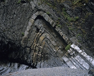 Prints of Anticlinal chevron fold in rock strata. The strata were originally horizontal and planar. They formed from the gradual deposition of material during the Silurian period (443-417 million years ago) Images Dated 2004 November: Anticlinal Folded Rock Strata Print