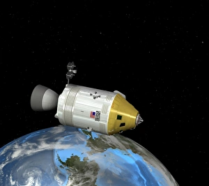 Apollo spacecraft orbiting Earth, artwork Apollo spacecraft orbiting Earth, artwork