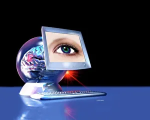 Artificial Intelligence Print - Computer Brain with Human Eye Monitor