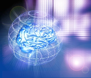 Artificial Intelligence Print: Binary Globe with Human Brain