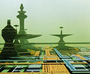 Artwork of an alien city on a circuit board Artwork of an alien city on a circuit board