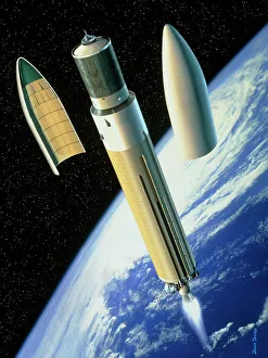 Artwork of an Ariane 5 rocket deploying a payload Artwork of an Ariane 5 rocket deploying a payload
