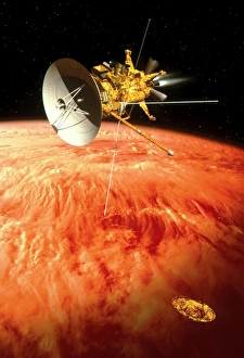 Artwork of Cassini with Huygens probe descending Artwork of Cassini with Huygens probe descending