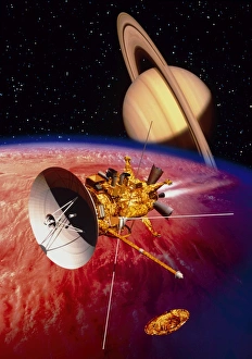 Artwork of the Cassini spacecraft near Titan Artwork of the Cassini spacecraft near Titan