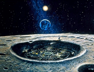 Artwork of a city in a crater on the Moon Artwork of a city in a crater on the Moon